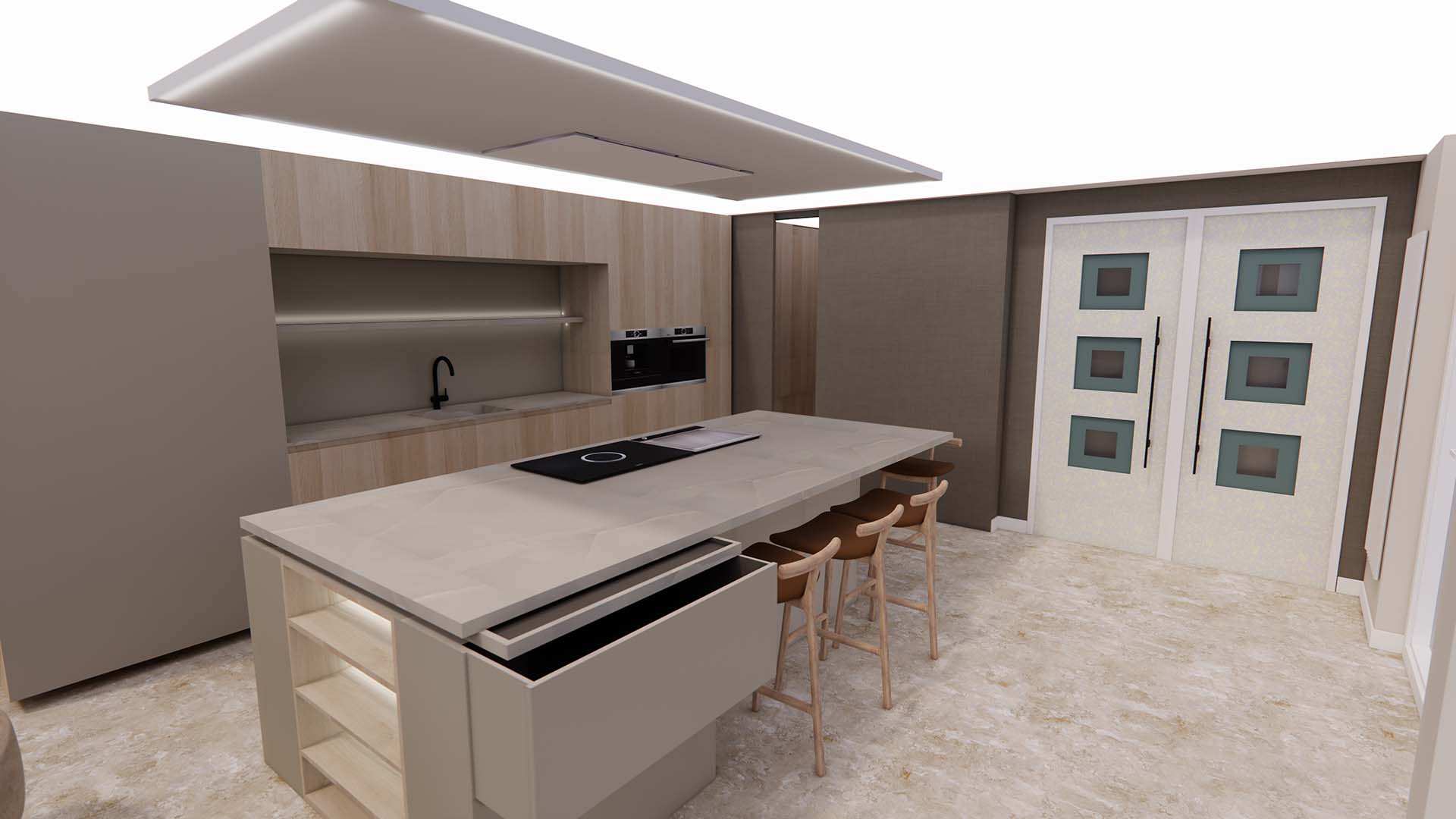 Fotorealistische 3D-render van een leefkeuken — interieurontwerp Marcel Lebesque