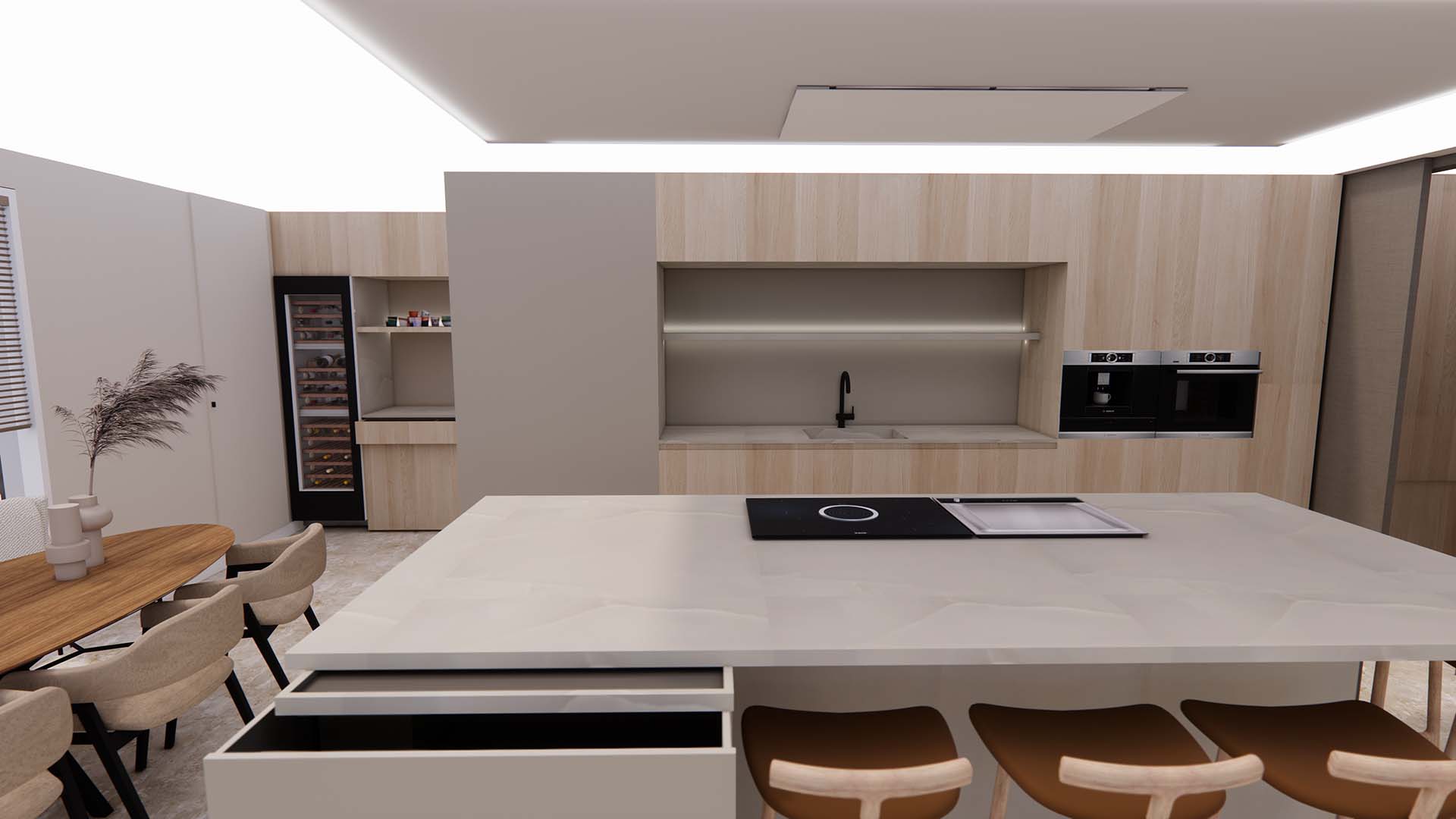 Fotorealistische 3D-rendering van een leefkeuken met maatwerk