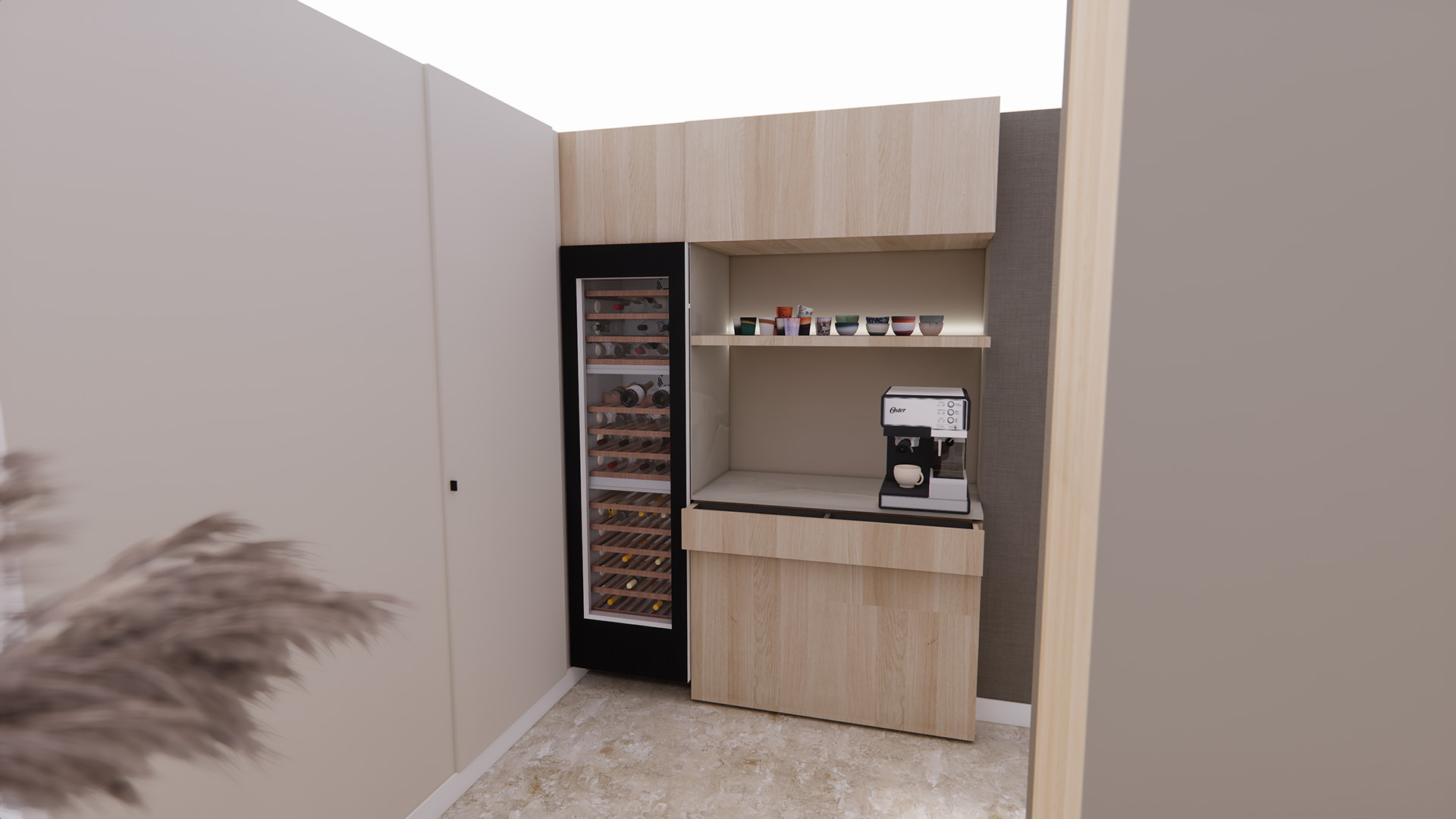 3D-visualisatie van een leefkeuken met materiaal en licht