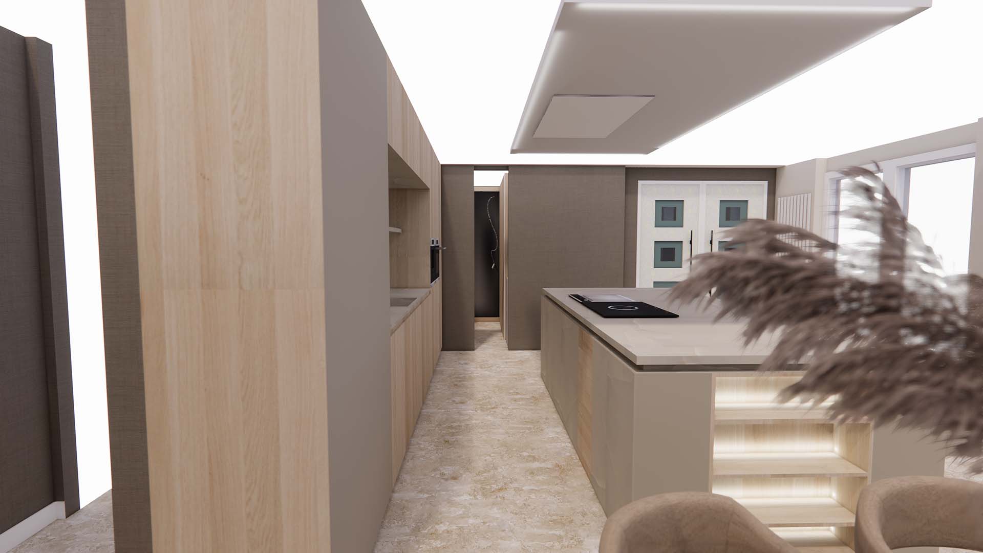Fotorealistische rendering van een interieurontwerp met maatwerk