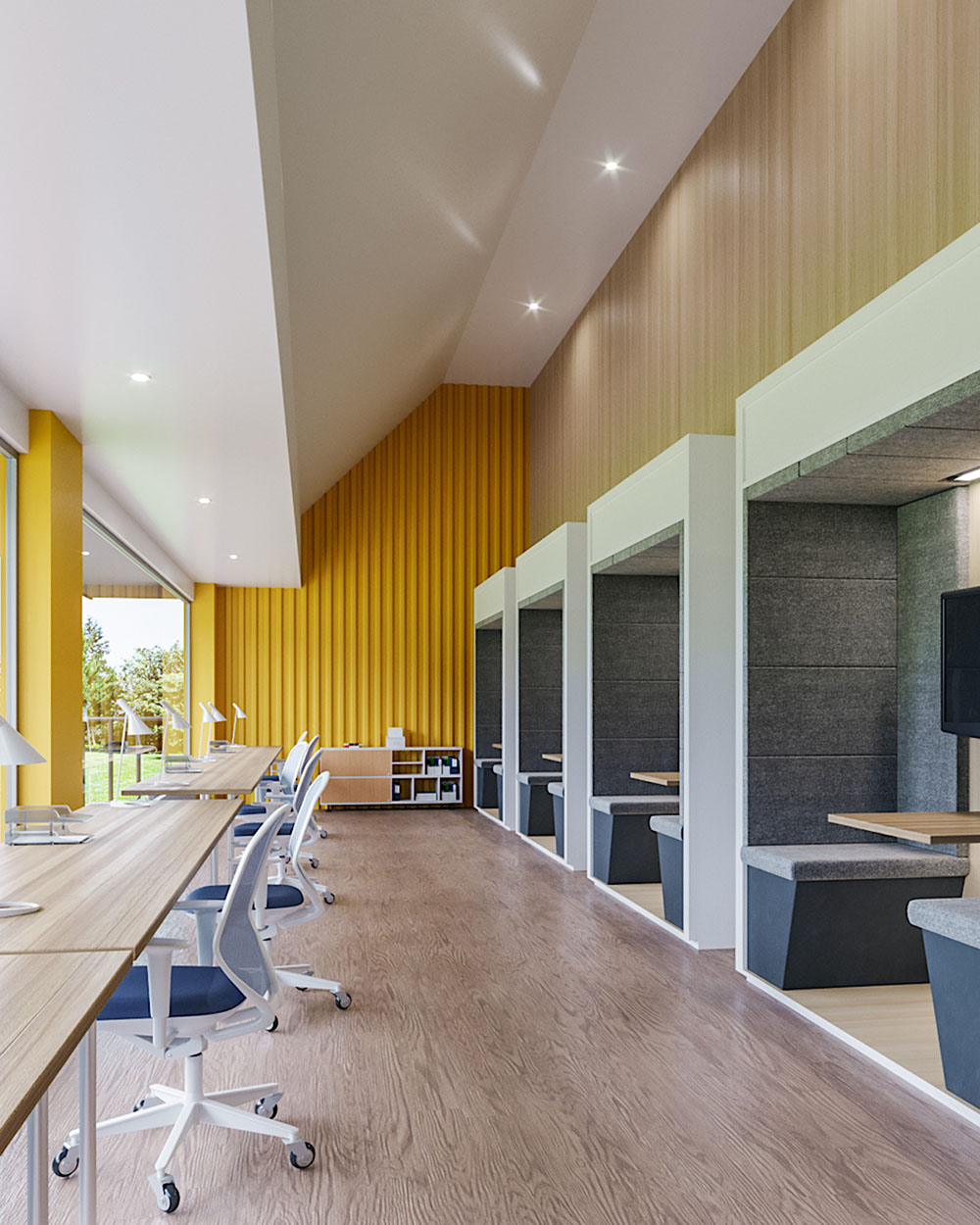 Home – Marcel Lebesque Concepts Fotorealistische 3D-visualisatie van een interieurontwerp met geel gelat wandpaneel en werkplekken