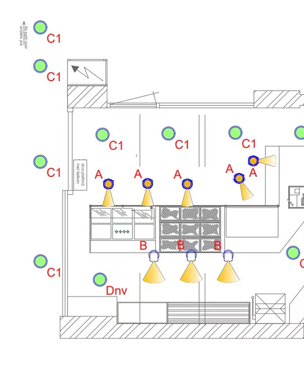 Home – Marcel Lebesque Concepts Lichtplan met ingetekende spots en armaturen op de plattegrond van een ruimte